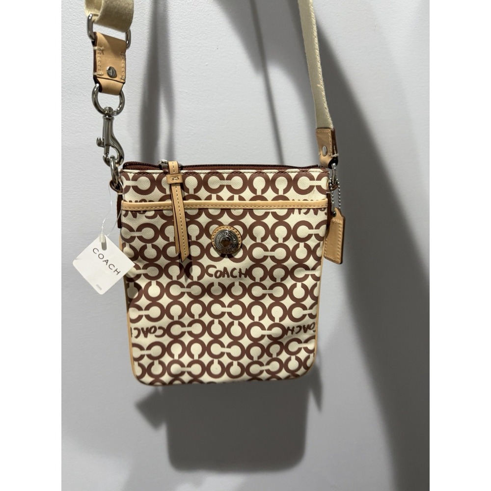 COACH 42420 Coated Canvas Leah Op Art Off White W/ Tan Leather Trim Swingpack S